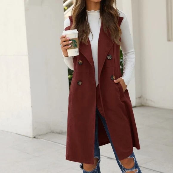 Double breasted button up trench coat vest brown - Picture 3 of 8